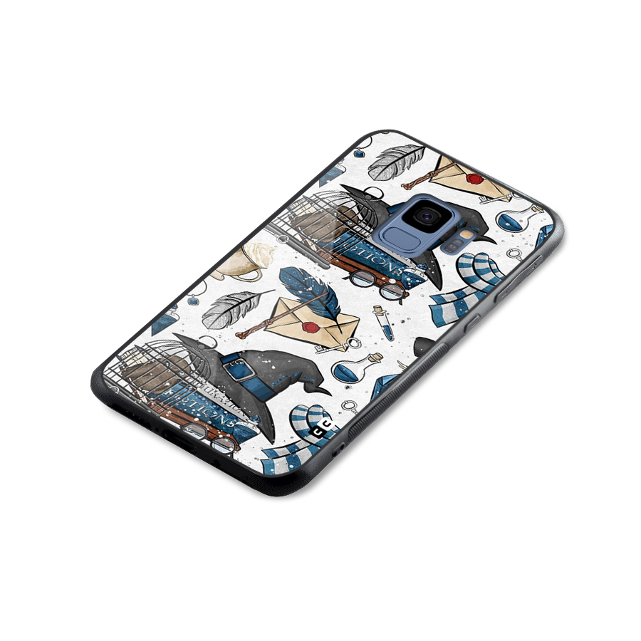 Blue Feather Hat Design Glass Back Case for Galaxy S9