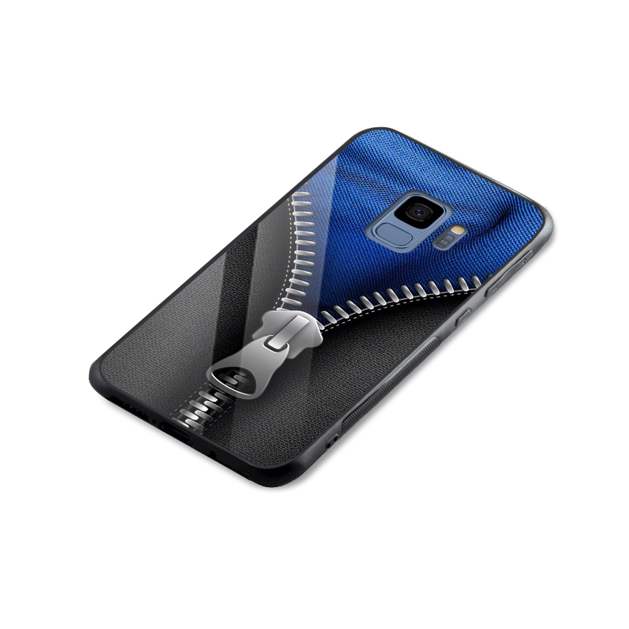 Blue Zipper Glass Back Case for Galaxy S9