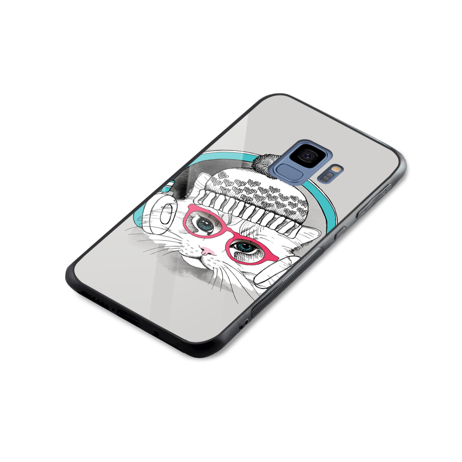 Cat Headphones Glass Back Case for Galaxy S9