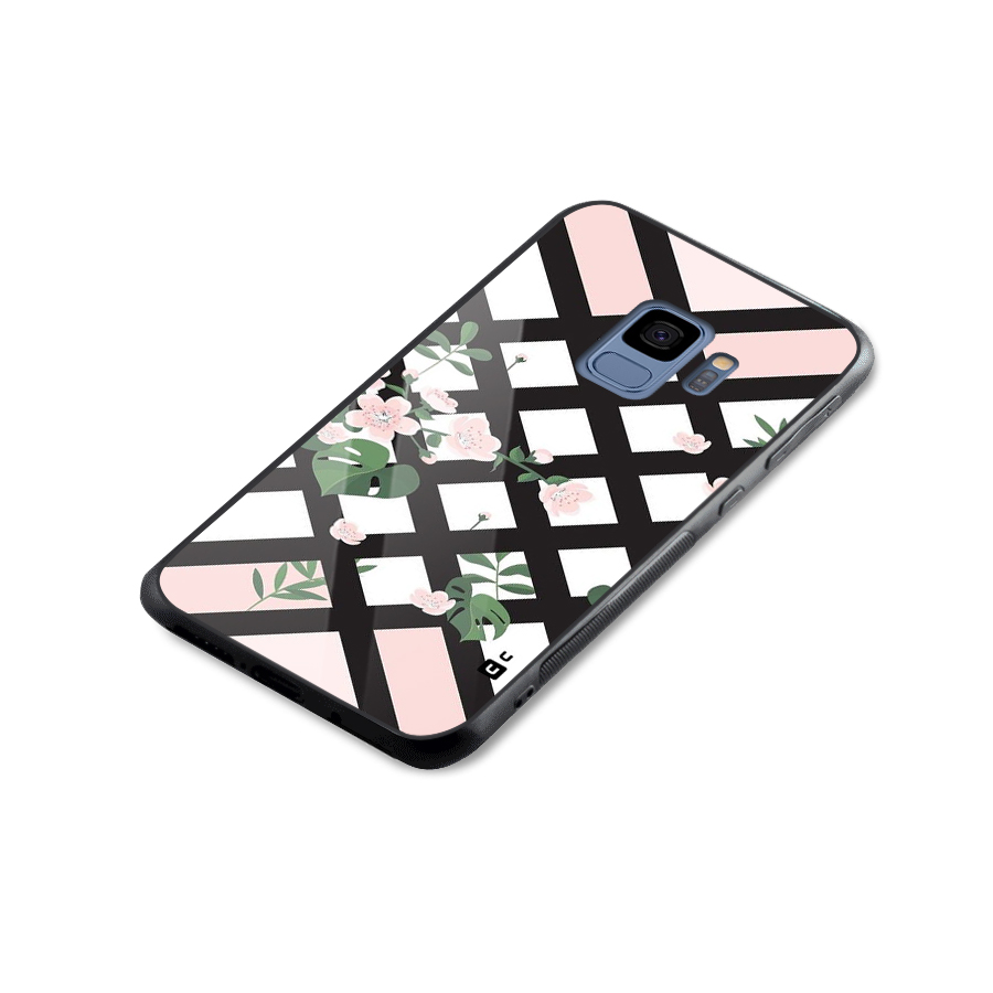 Check Floral Stripes Glass Back Case for Galaxy S9