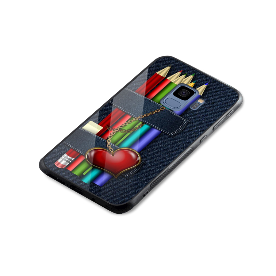 Denim Colorful Pencils Glass Back Case for Galaxy S9