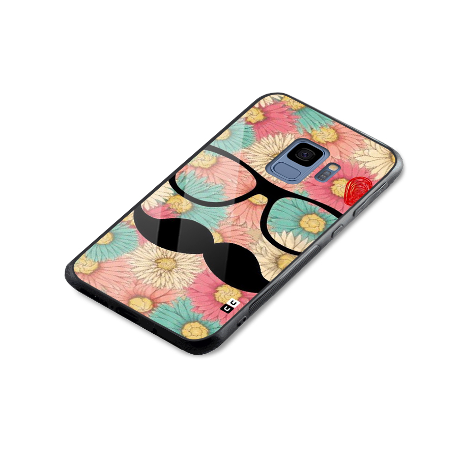 Floral Moustache Glass Back Case for Galaxy S9