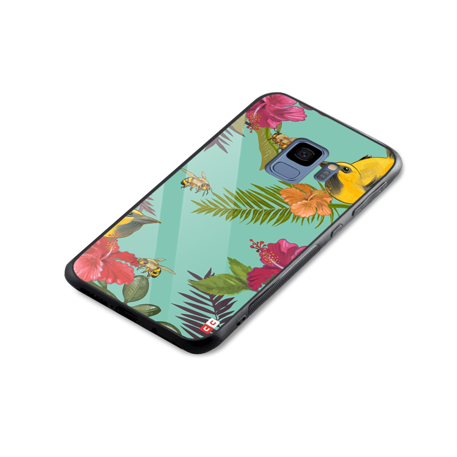 Flower Bird and Bee Glass Back Case for Galaxy S9