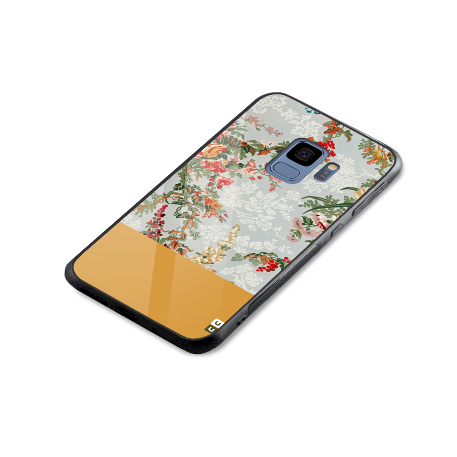 Golden Stripe on Floral Glass Back Case for Galaxy S9