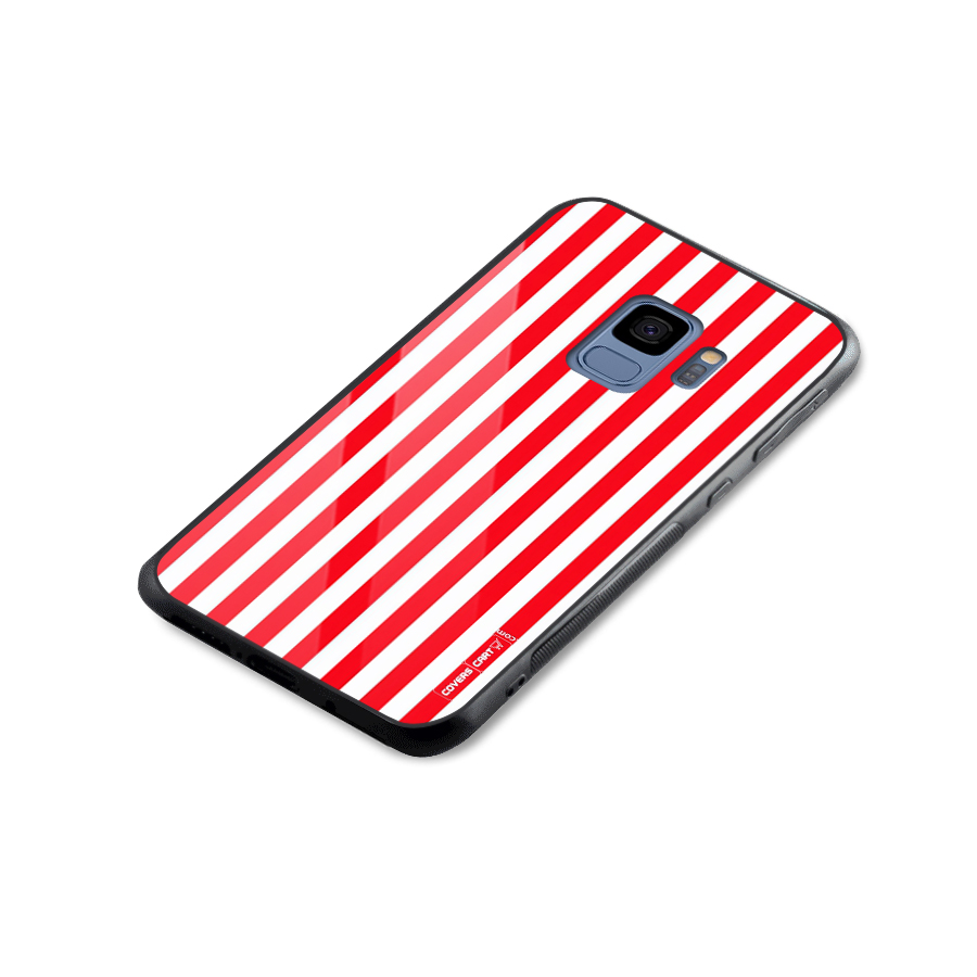 Red And White Straight Stripes Glass Back Case for Galaxy S9