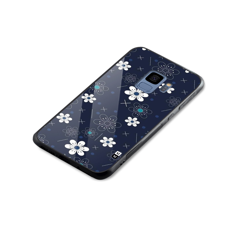 White Floral Shapes Glass Back Case for Galaxy S9