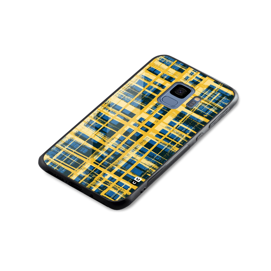 Yellow Rugged Check Design Glass Back Case for Galaxy S9