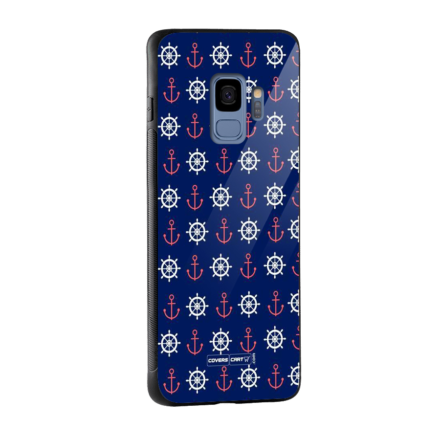 Anchor Pattern Blue Glass Back Case for Galaxy S9