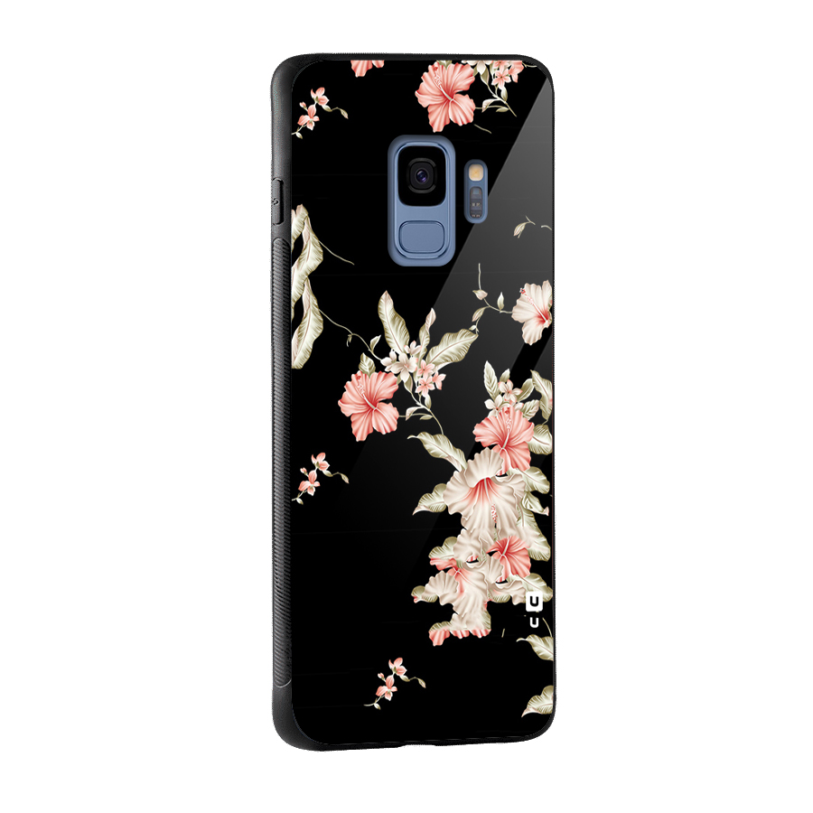 Black Floral Glass Back Case for Galaxy S9