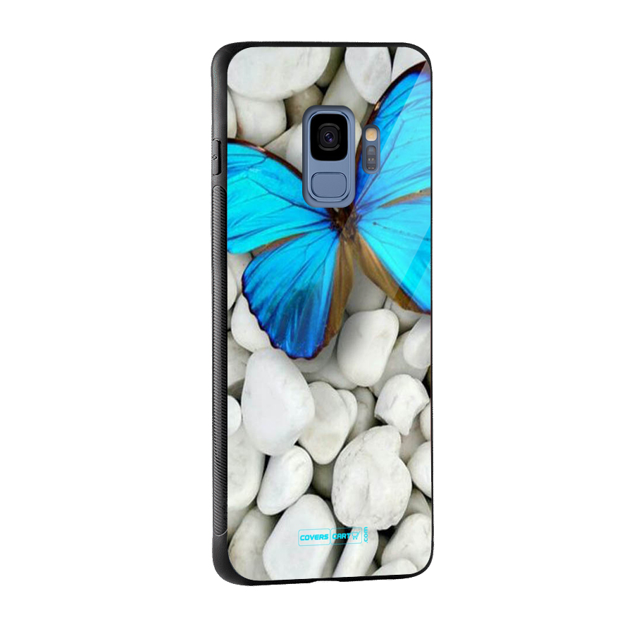 Blue Butterfly Glass Back Case for Galaxy S9