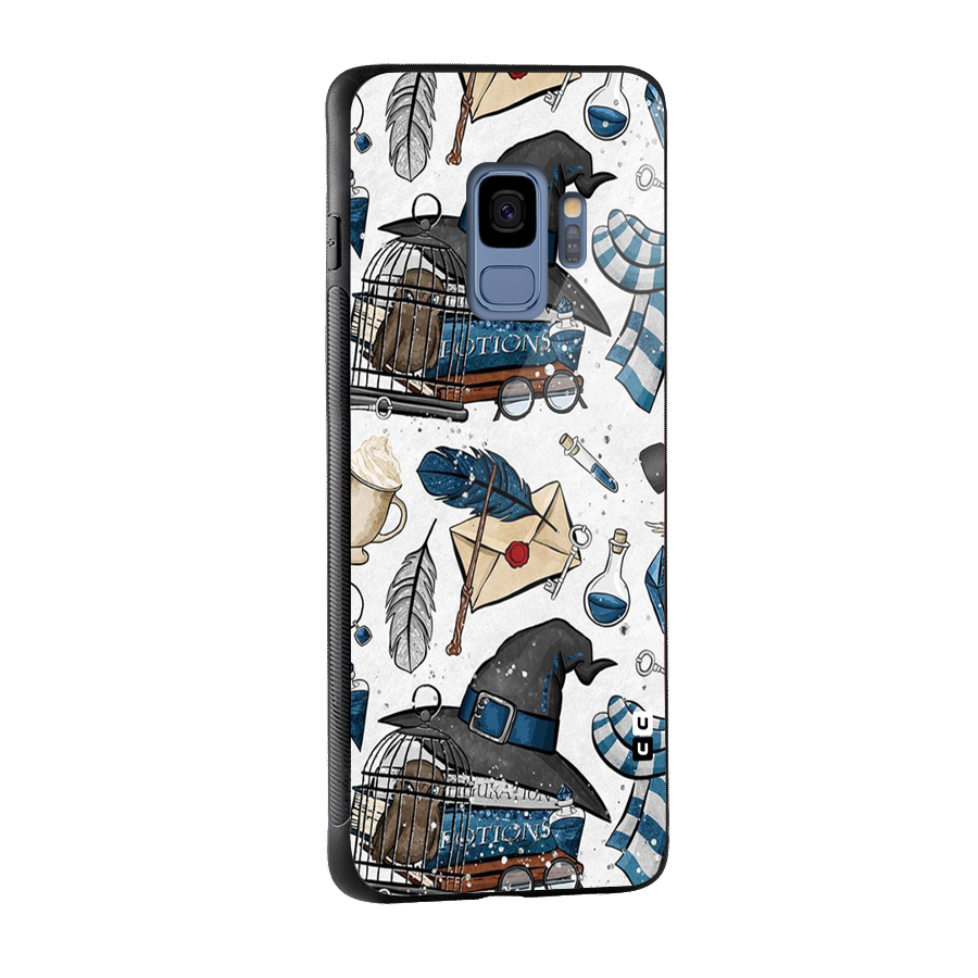 Blue Feather Hat Design Glass Back Case for Galaxy S9
