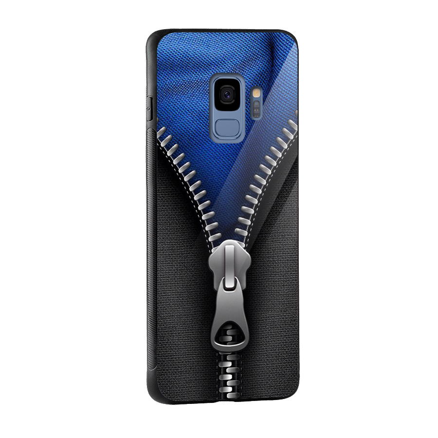 Blue Zipper Glass Back Case for Galaxy S9