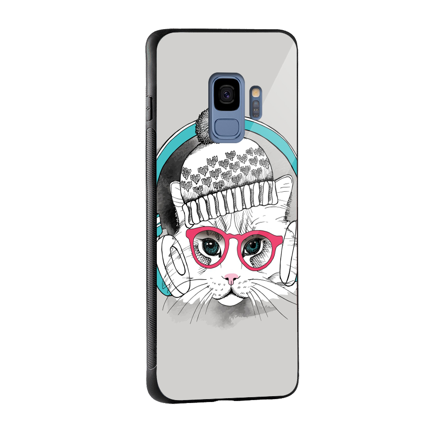 Cat Headphones Glass Back Case for Galaxy S9