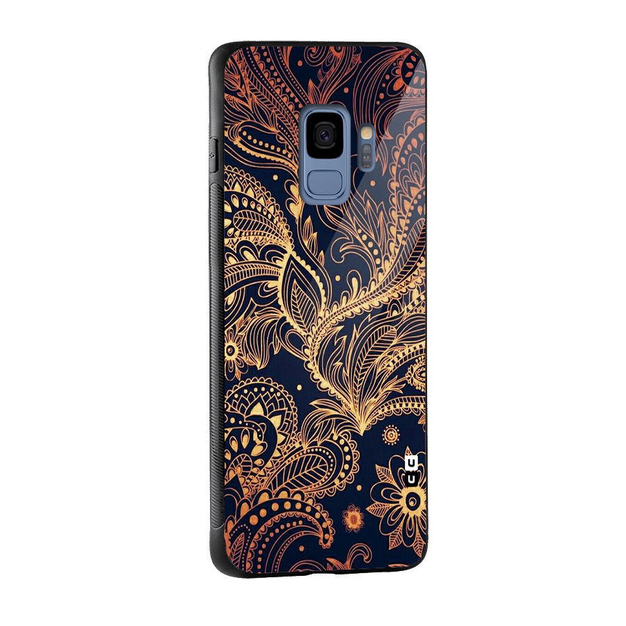 Classy Golden Leafy Design Glass Back Case for Galaxy S9