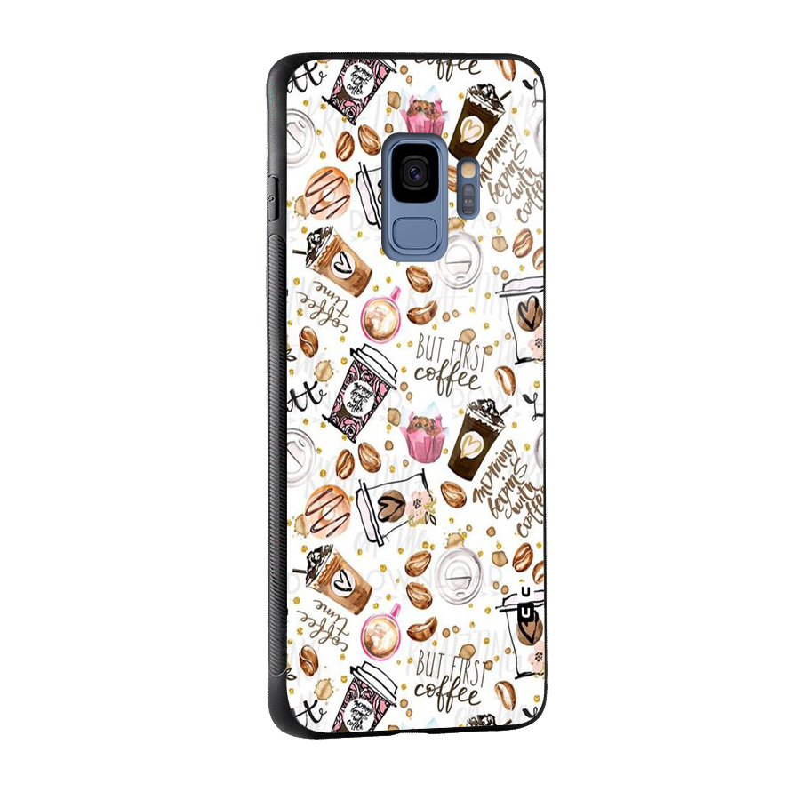 Coffee Pattern Glass Back Case for Galaxy S9