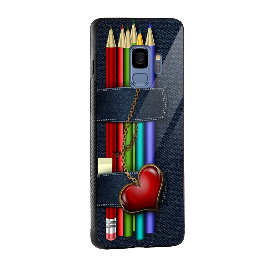 Denim Colorful Pencils Glass Back Case for Galaxy S9