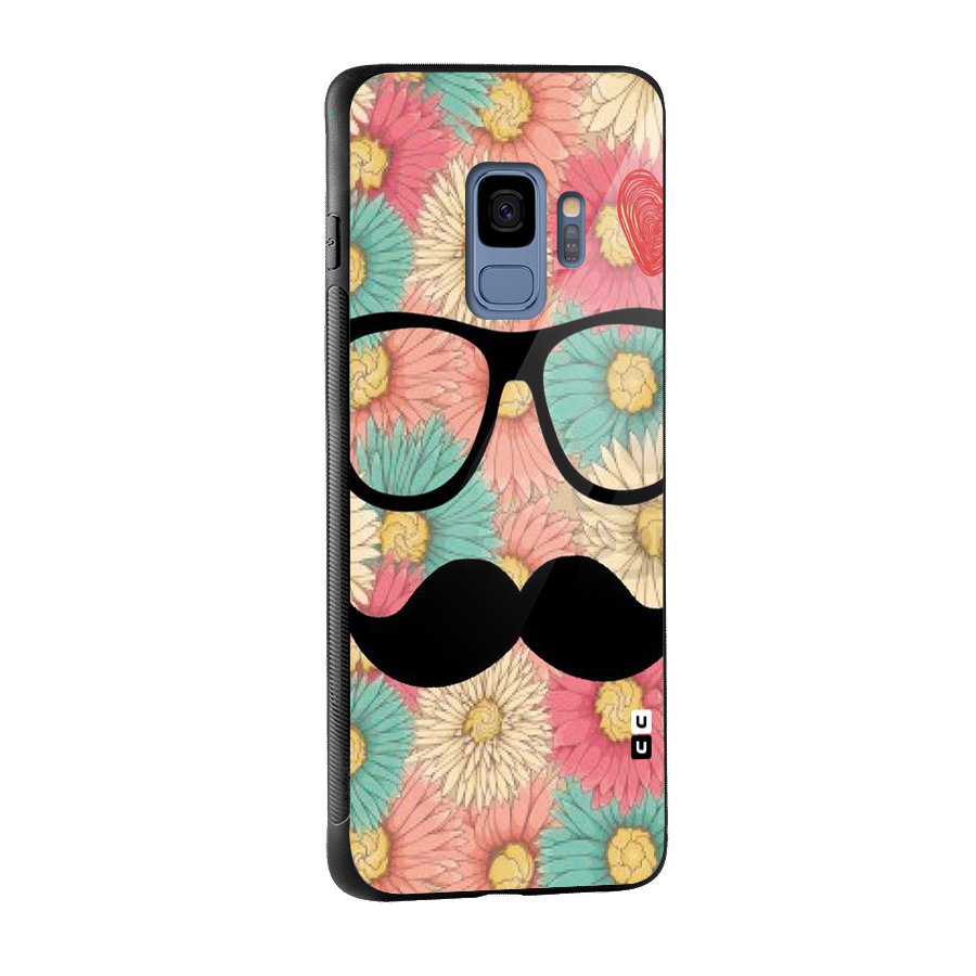 Floral Moustache Glass Back Case for Galaxy S9