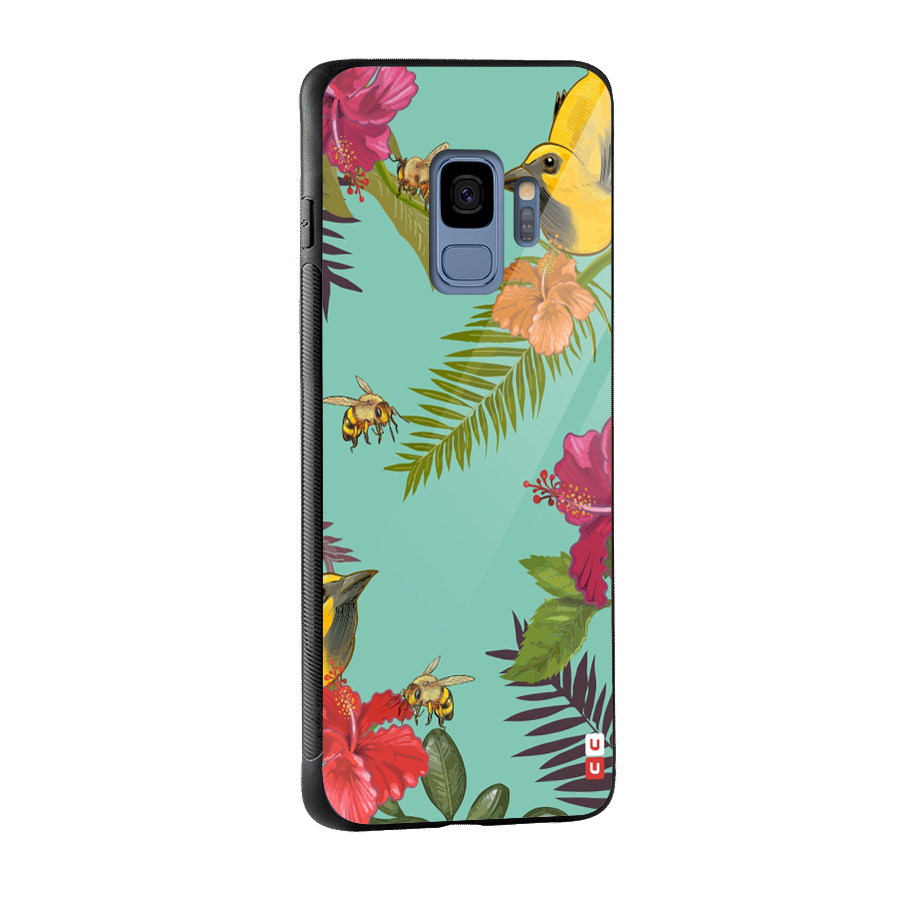 Flower Bird and Bee Glass Back Case for Galaxy S9