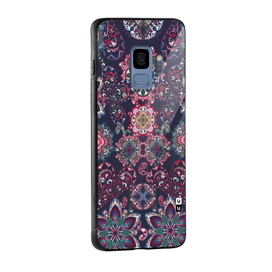 Navy Blue Bloom Pattern Glass Back Case for Galaxy S9