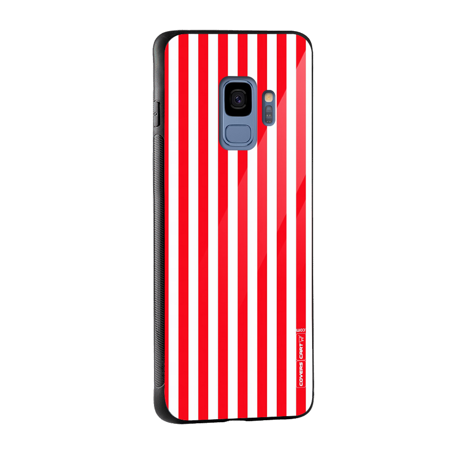 Red And White Straight Stripes Glass Back Case for Galaxy S9