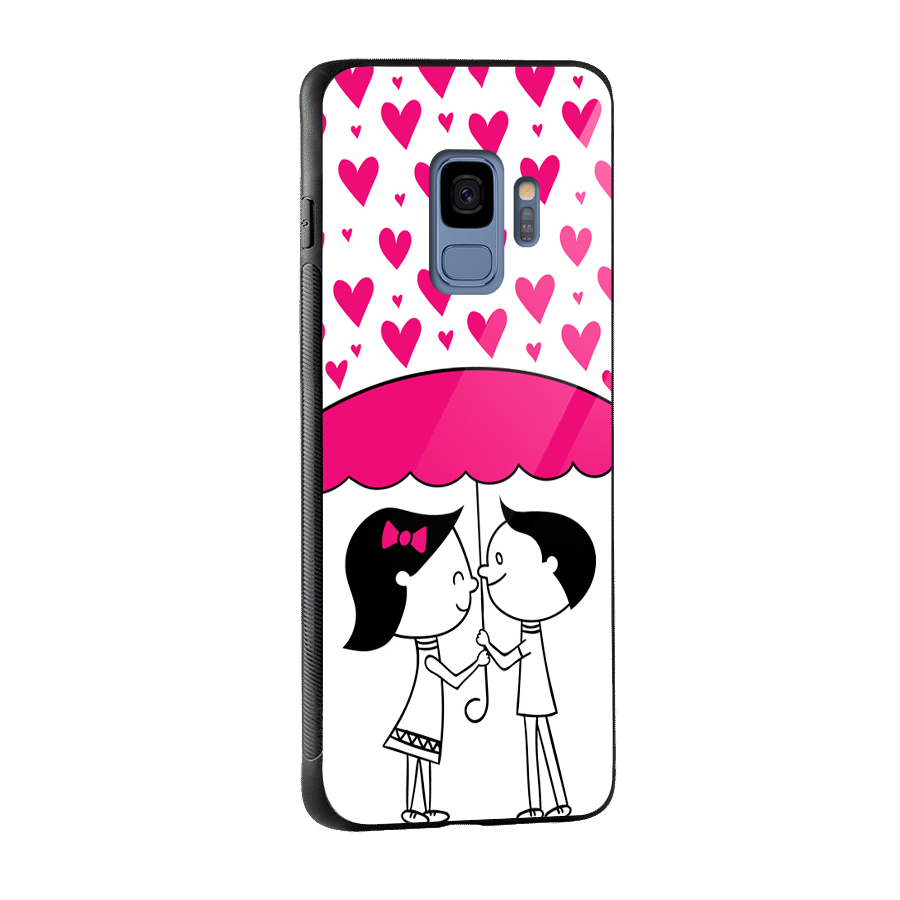 Romantic Couples with Hearts Glass Back Case for Galaxy S9
