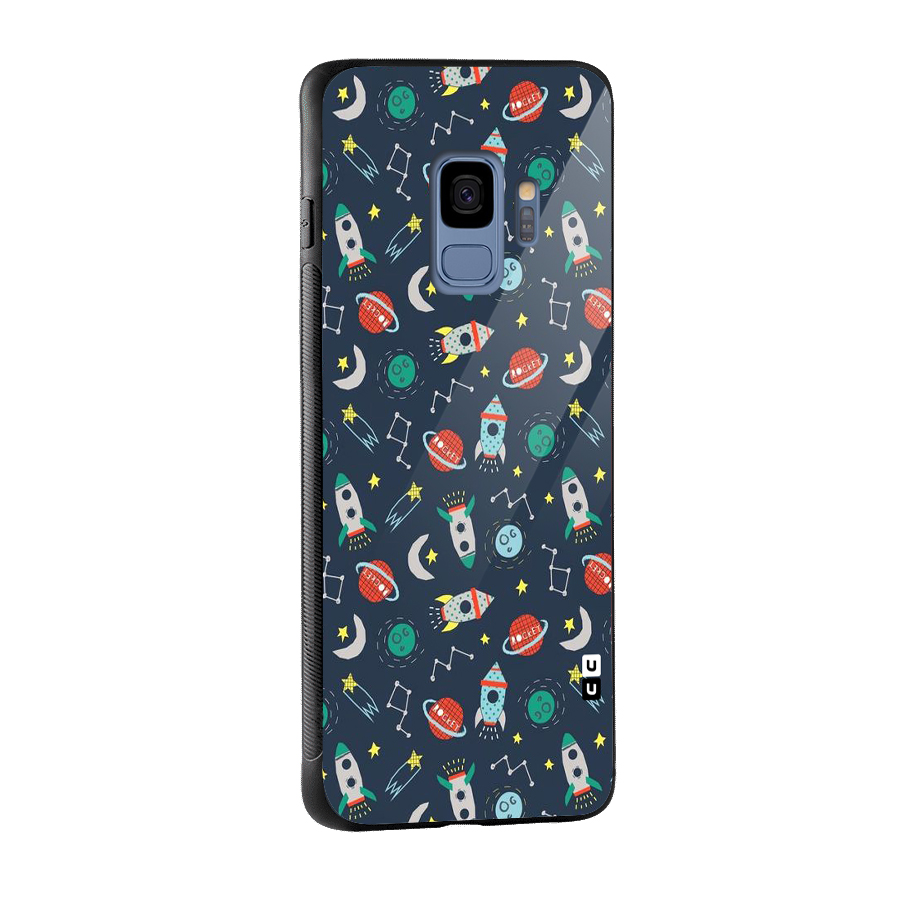 Space Rocket Pattern Glass Back Case for Galaxy S9
