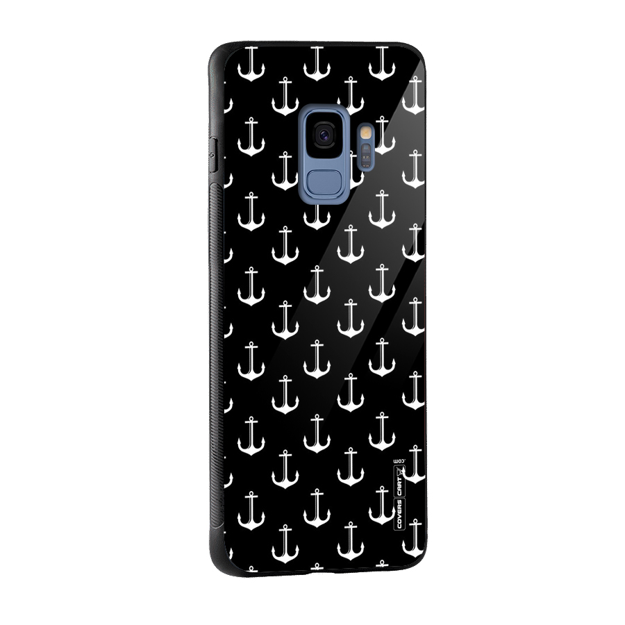 White And Black Anchor Pattern Glass Back Case for Galaxy S9
