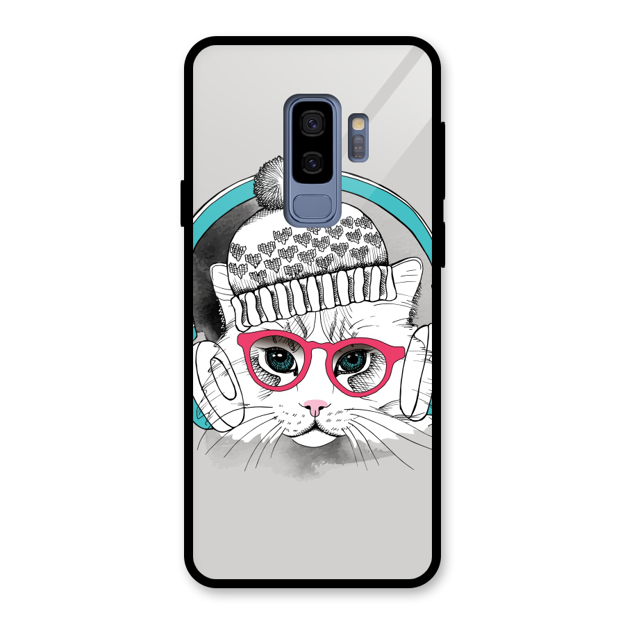 Cat Headphones Glass Back Case for Galaxy S9 Plus