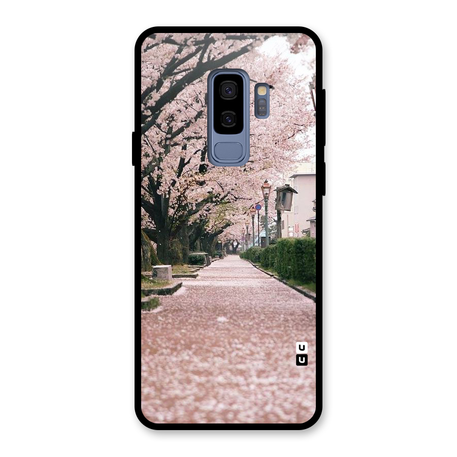 Street In Pink Flowers Glass Back Case for Galaxy S9 Plus