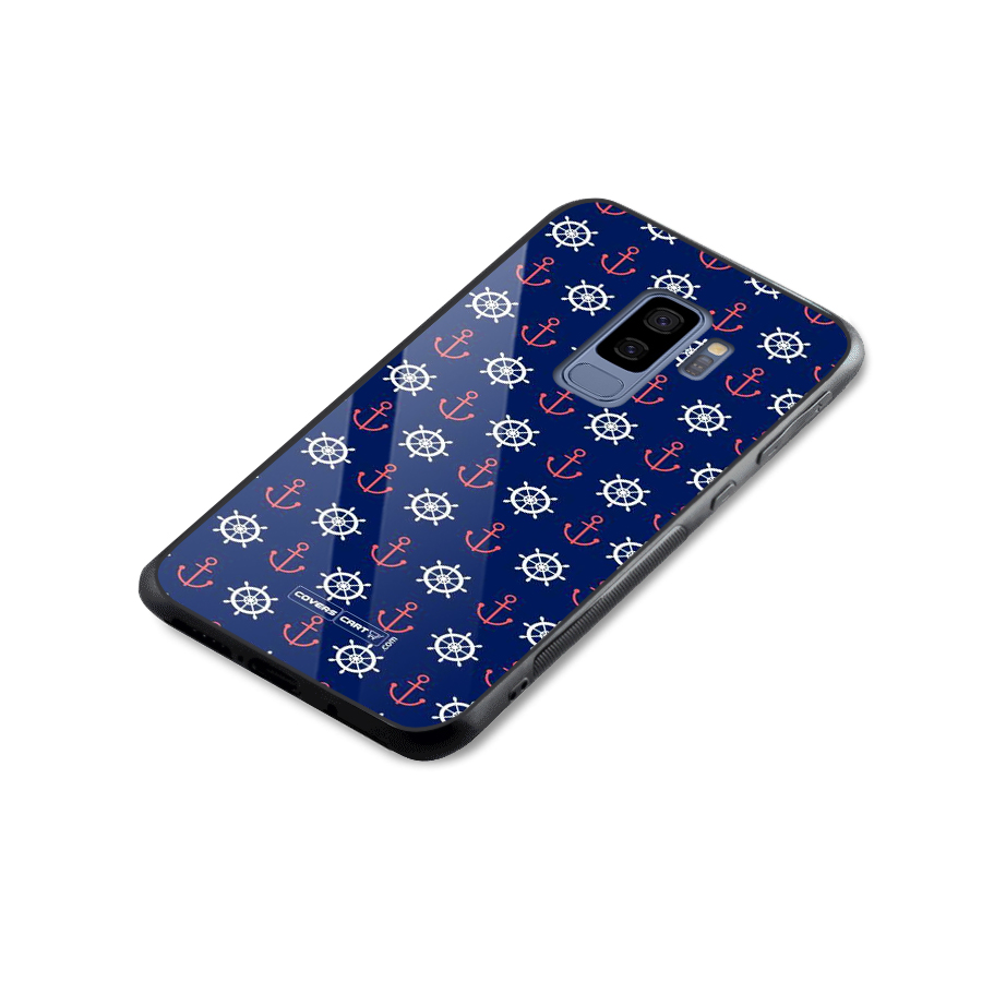 Anchor Pattern Blue Glass Back Case for Galaxy S9 Plus