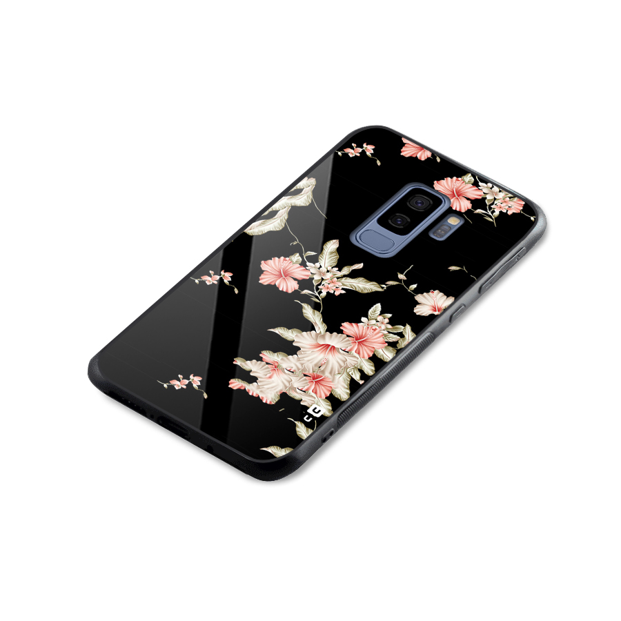 Black Floral Glass Back Case for Galaxy S9 Plus