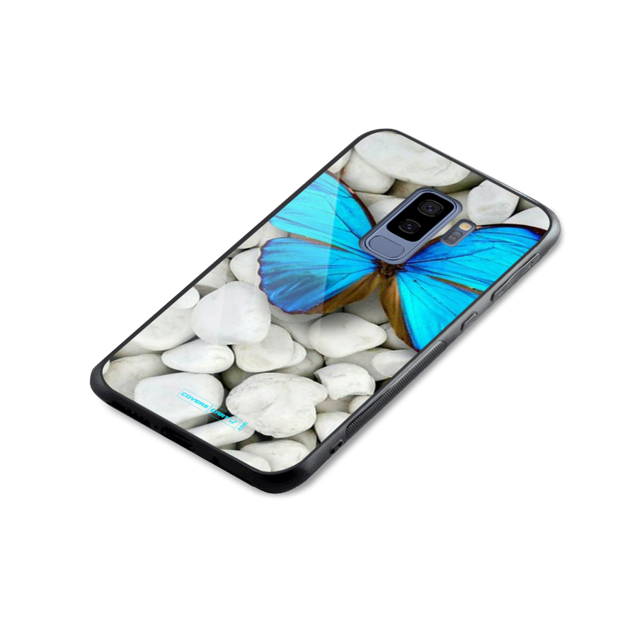 Blue Butterfly Glass Back Case for Galaxy S9 Plus