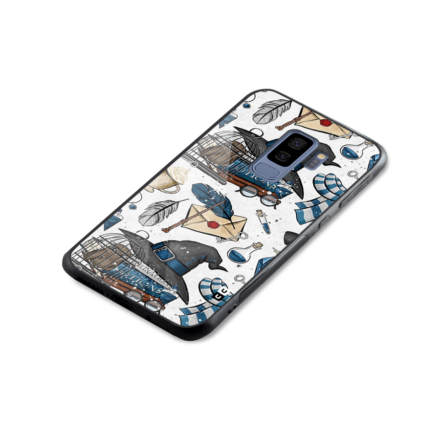 Blue Feather Hat Design Glass Back Case for Galaxy S9 Plus
