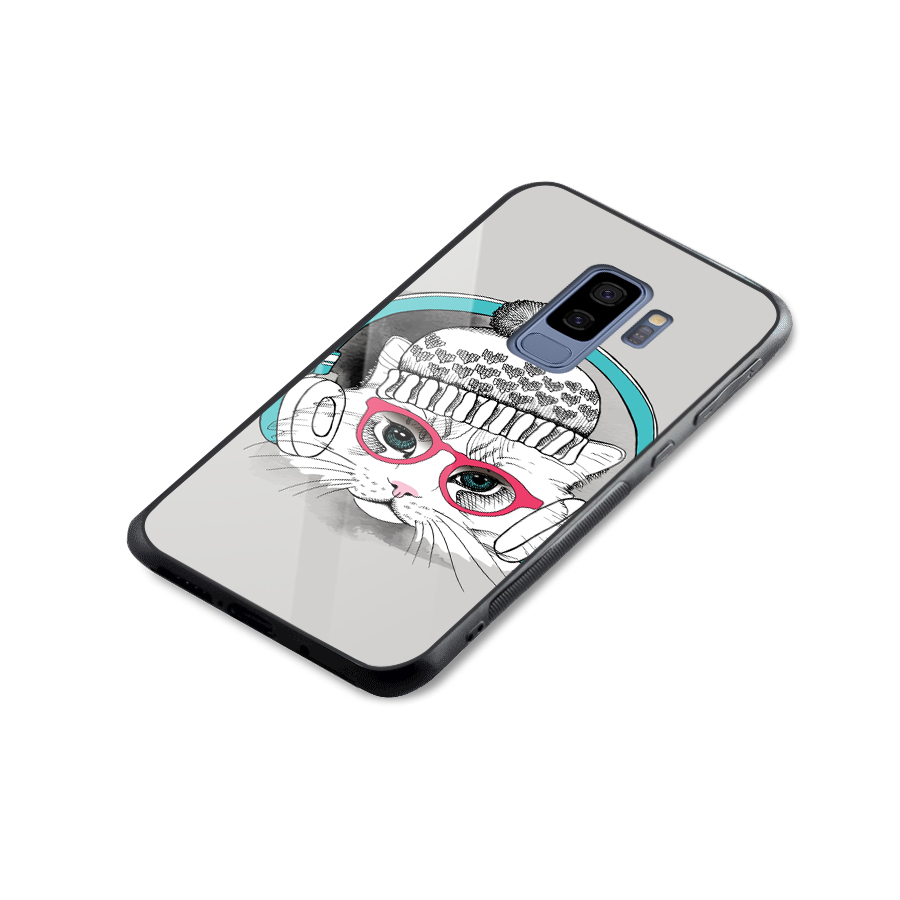 Cat Headphones Glass Back Case for Galaxy S9 Plus