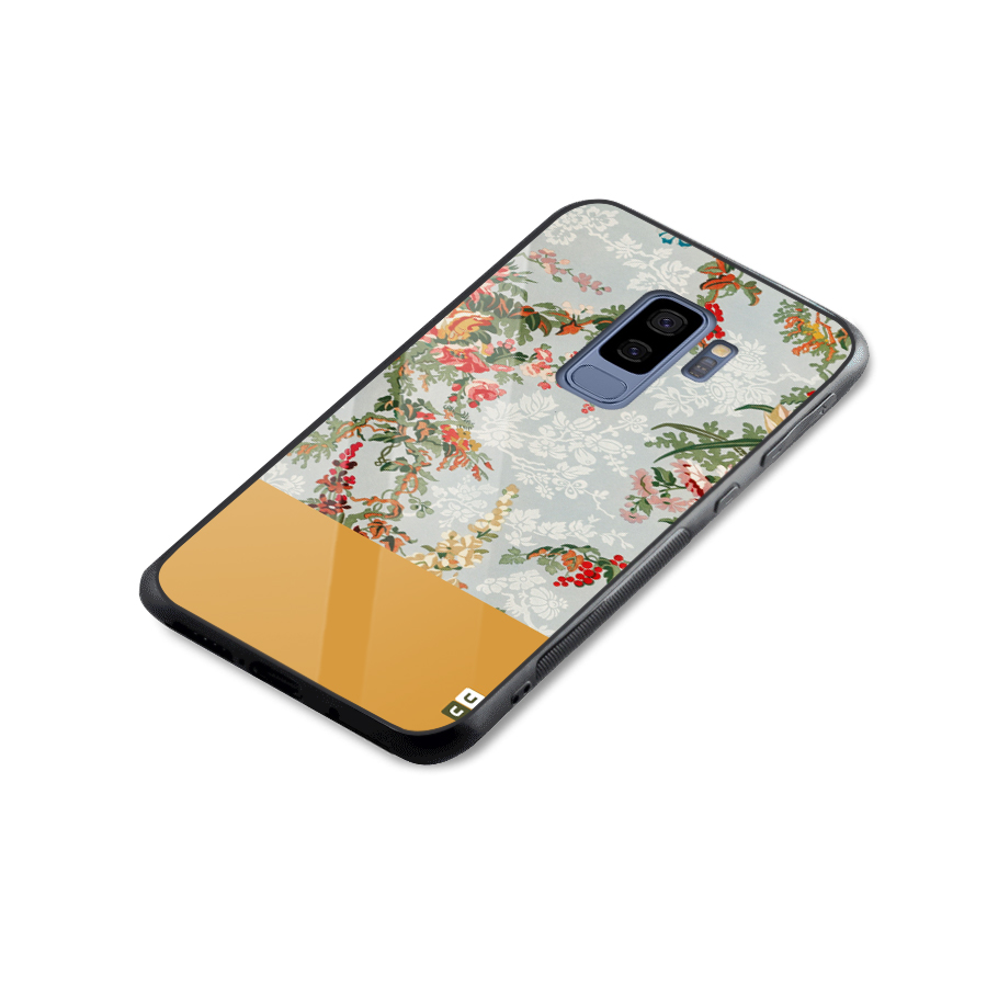 Golden Stripe on Floral Glass Back Case for Galaxy S9 Plus