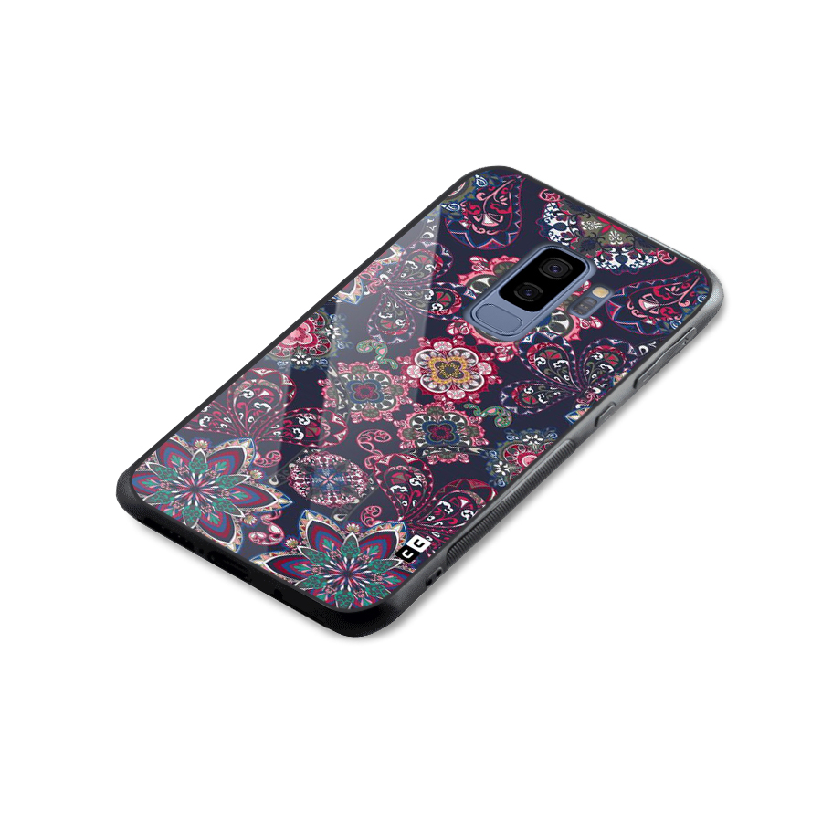 Navy Blue Bloom Pattern Glass Back Case for Galaxy S9 Plus