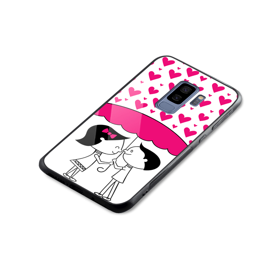 Romantic Couples with Hearts Glass Back Case for Galaxy S9 Plus