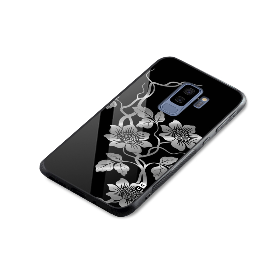 Silver Grey Flowers Glass Back Case for Galaxy S9 Plus