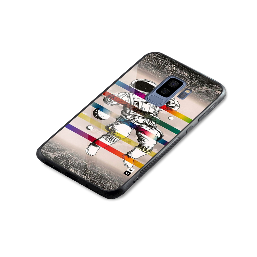 Spaceman Rainbow Stripes Glass Back Case for Galaxy S9 Plus