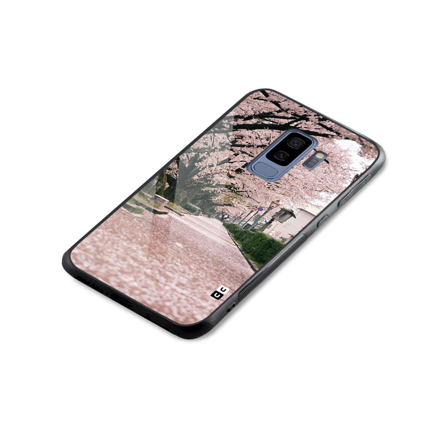 Street In Pink Flowers Glass Back Case for Galaxy S9 Plus