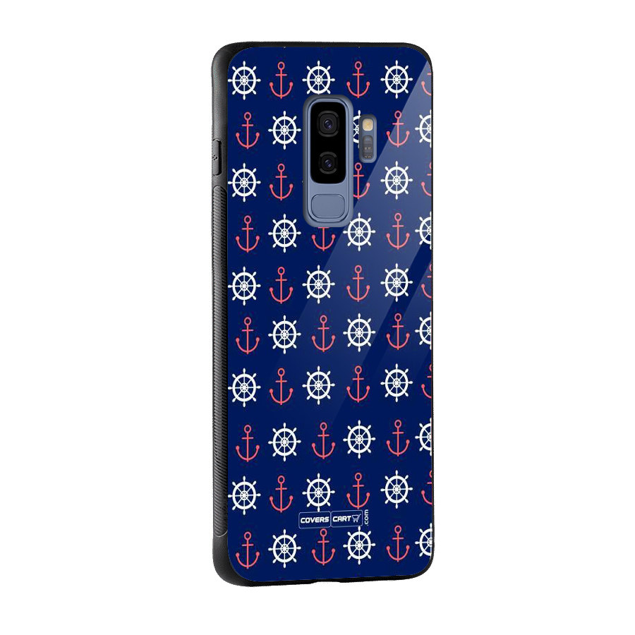 Anchor Pattern Blue Glass Back Case for Galaxy S9 Plus