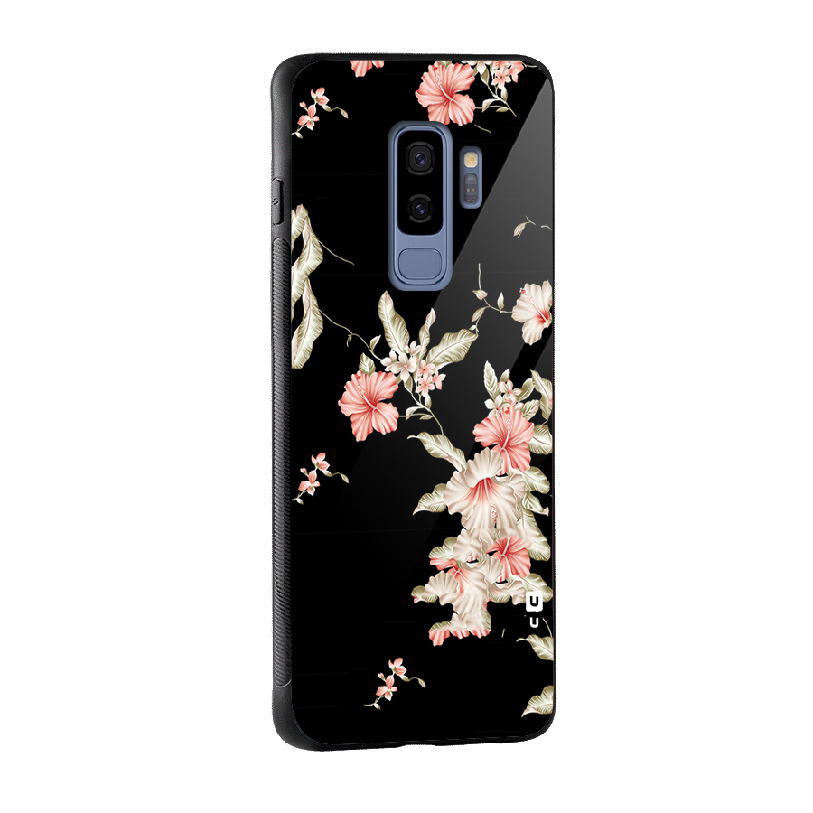 Black Floral Glass Back Case for Galaxy S9 Plus