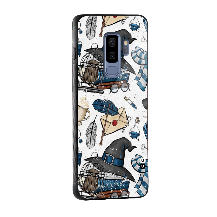 Blue Feather Hat Design Glass Back Case for Galaxy S9 Plus