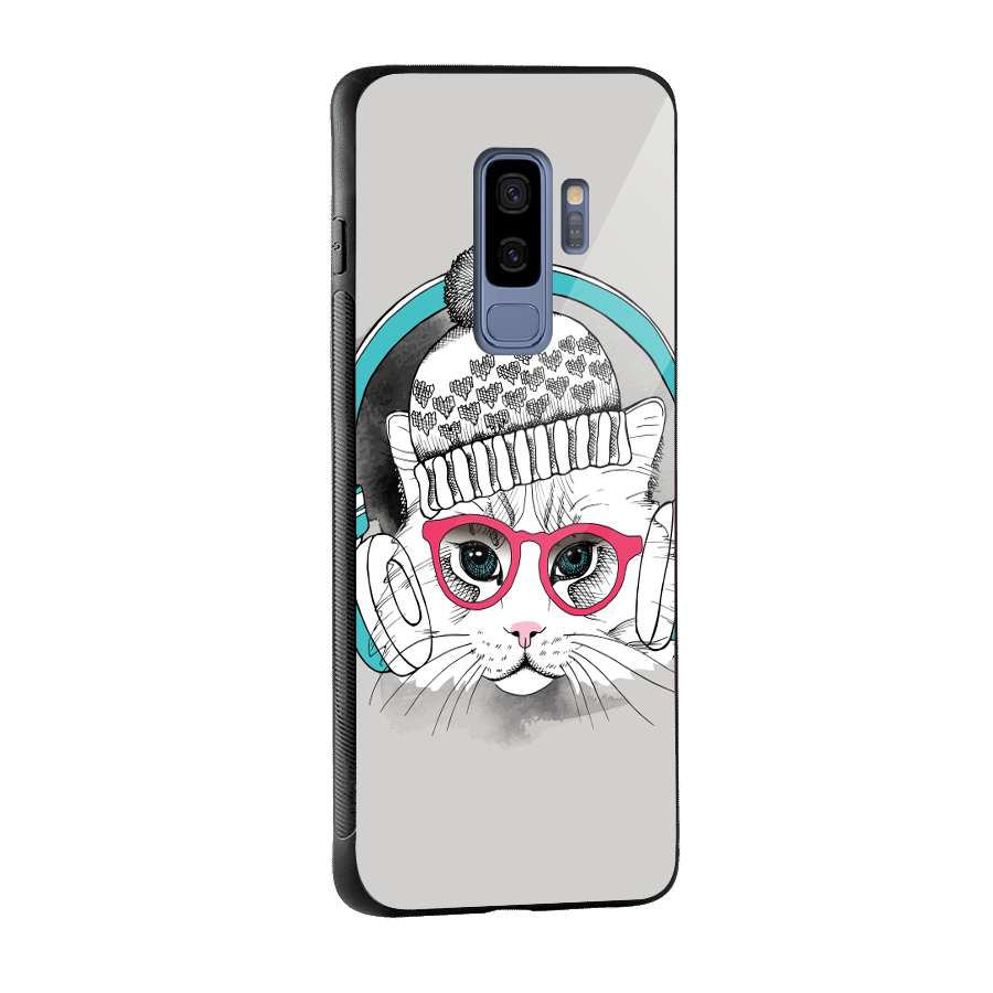 Cat Headphones Glass Back Case for Galaxy S9 Plus