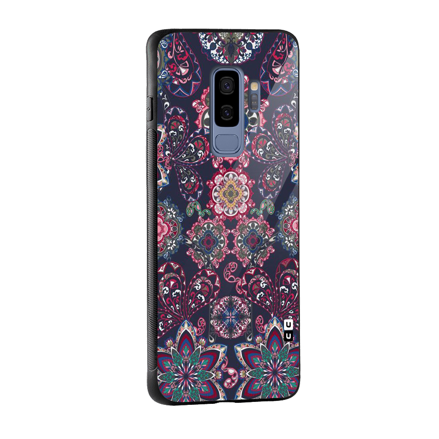Navy Blue Bloom Pattern Glass Back Case for Galaxy S9 Plus