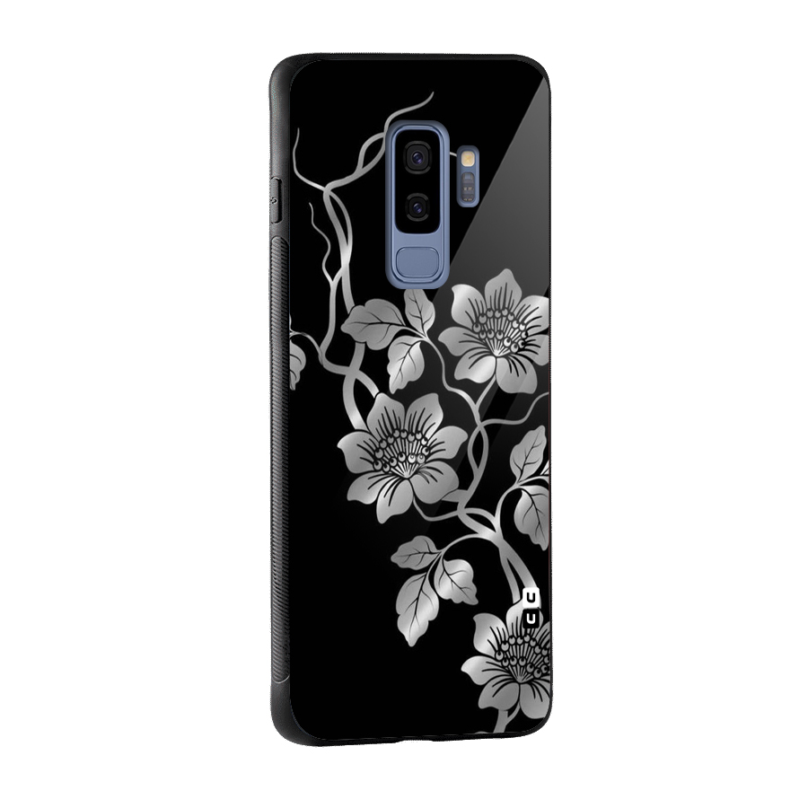 Silver Grey Flowers Glass Back Case for Galaxy S9 Plus