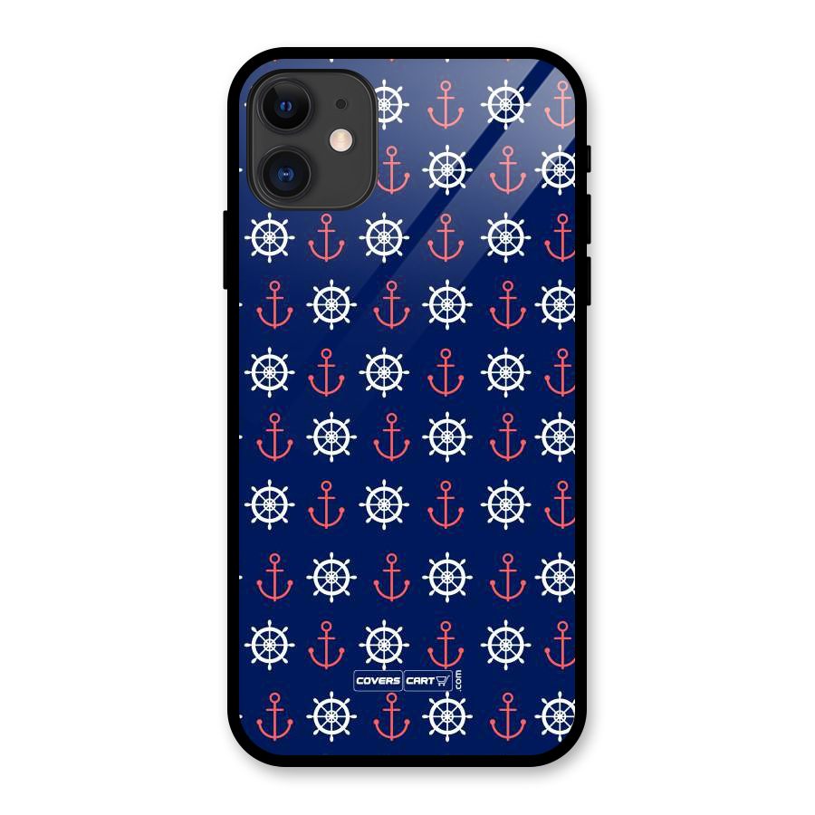 Anchor Pattern Blue Glass Back Case for iPhone 11
