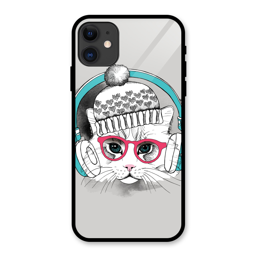 Cat Headphones Glass Back Case for iPhone 11