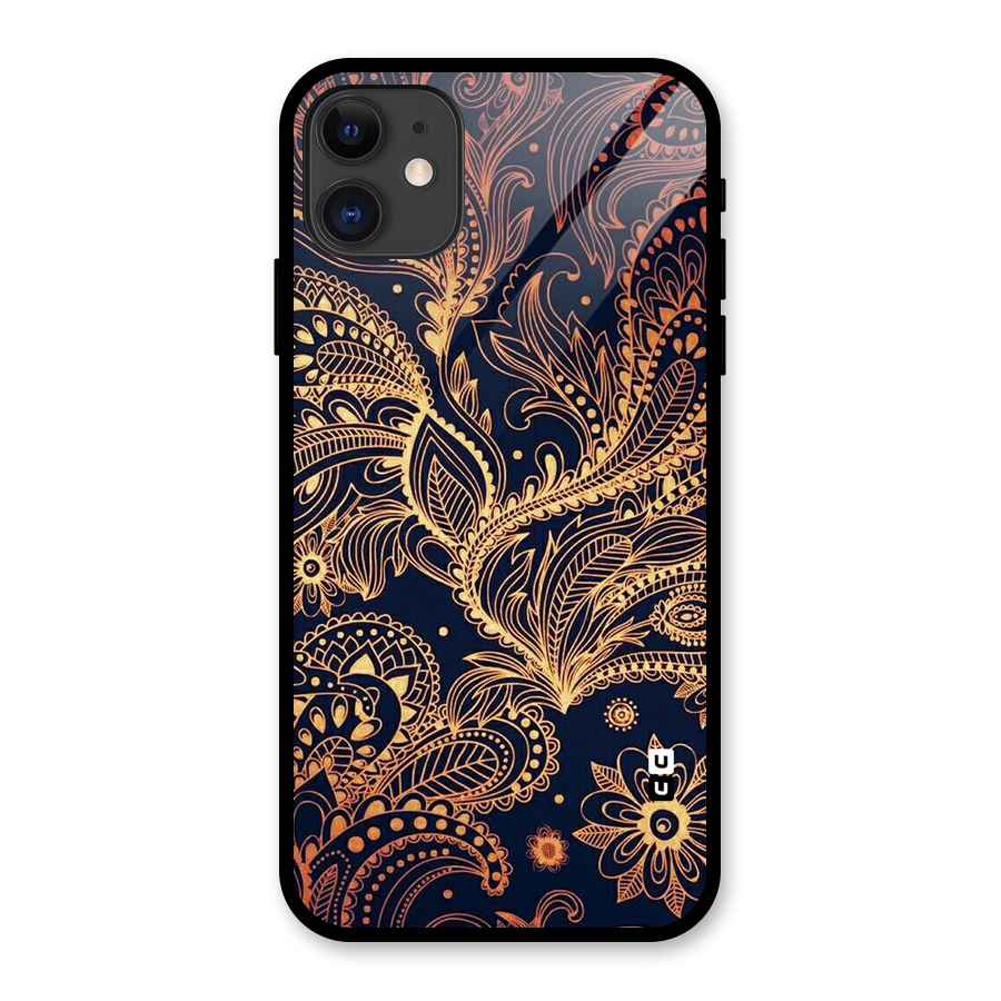 Classy Golden Leafy Design Glass Back Case for iPhone 11