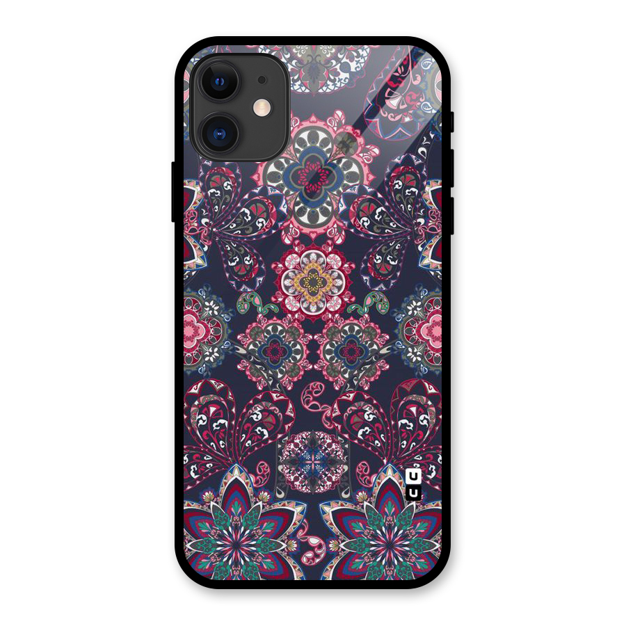 Navy Blue Bloom Pattern Glass Back Case for iPhone 11